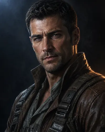Portrait of Grayson, a rugged pilot in a worn leather flight jacket.