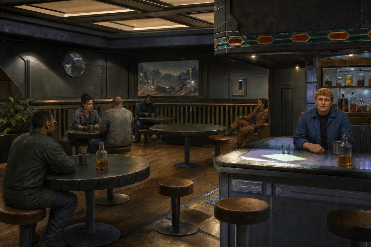 Patrons drinking in a mining base bar, a bartender leaning on the counter.