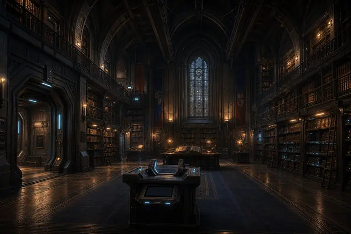 A vaulted library at Oxford, shelves rising into the dark under a stained-glass window.