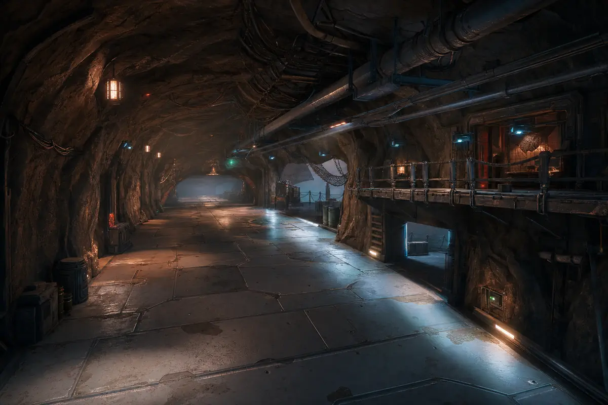 A pirate base tunnel carved through rock, lit by lamps along a metal walkway.