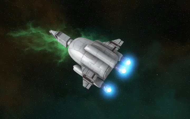 A Black Sun 490 seen from behind, three engines lit, against green nebula.