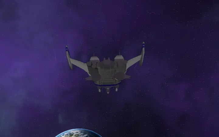 A Broadsword heavy fighter head-on in a violet sky.