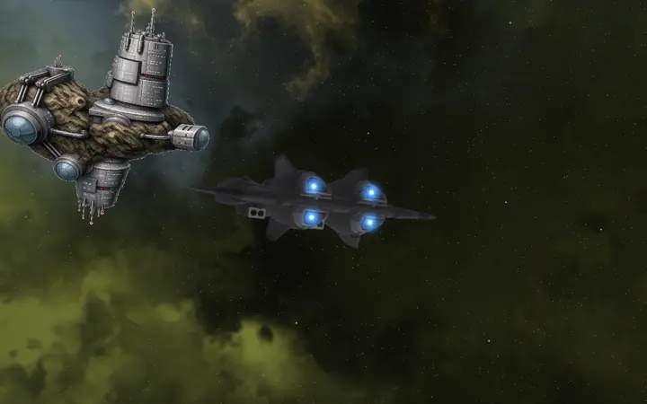 A Demon flying beside a mining station in a green-gold nebula.