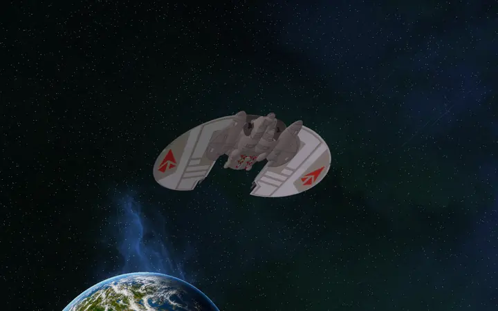 A Kilrathi Dralthi's crescent wings above a blue planet.