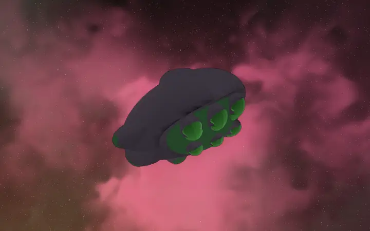 A Steltek drone, green pods glowing, in a pink nebula.