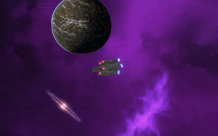 A Galaxy freighter in profile before the planet New Detroit.