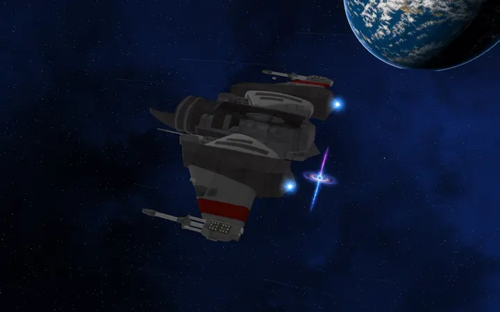 A Gladius up close, a planet and a spiral galaxy beyond.