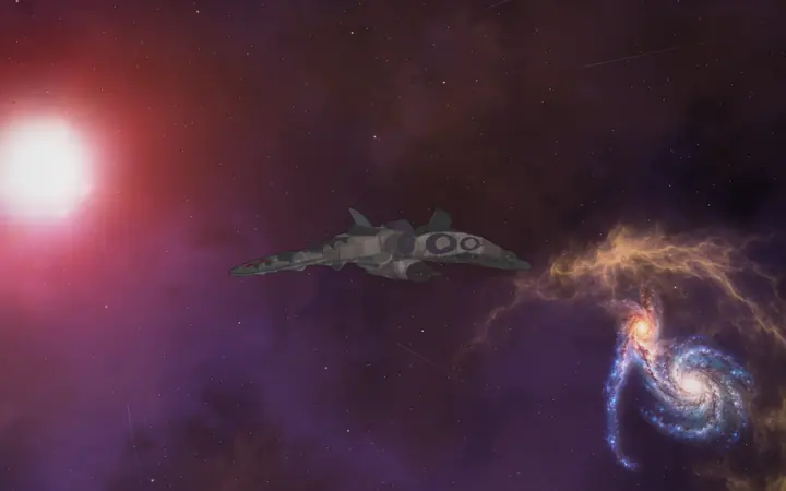 A Kilrathi Gothri crossing a red sun and a spiral galaxy.