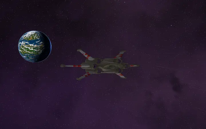 A Kamekh, a Kilrathi capital ship, passing a blue planet.