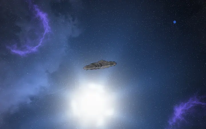 A Paradigm, a Confederation capital ship, above a blazing blue star.