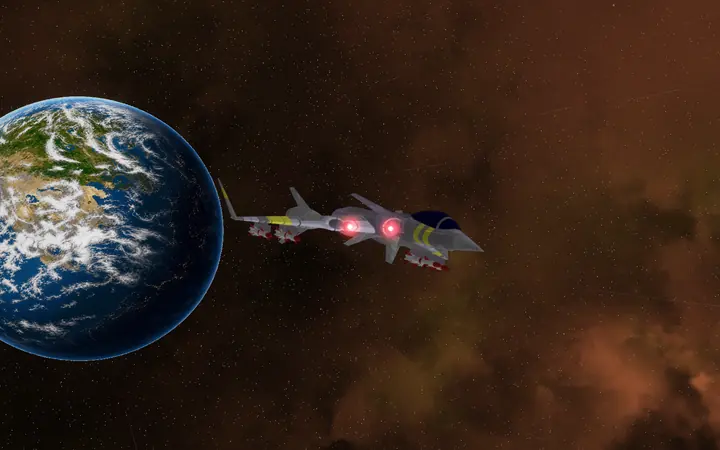 A Stiletto streaking past a green and blue planet.