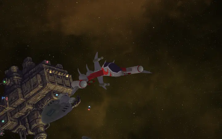 A Strakha sweeping past a hulking mining station.