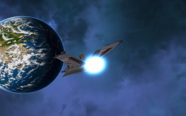 A Talon flaring its engine beside a blue ocean planet.