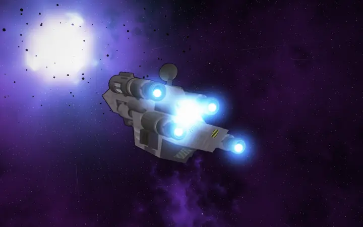 A Tarsus cruising past a blue-white star, its engines glowing.