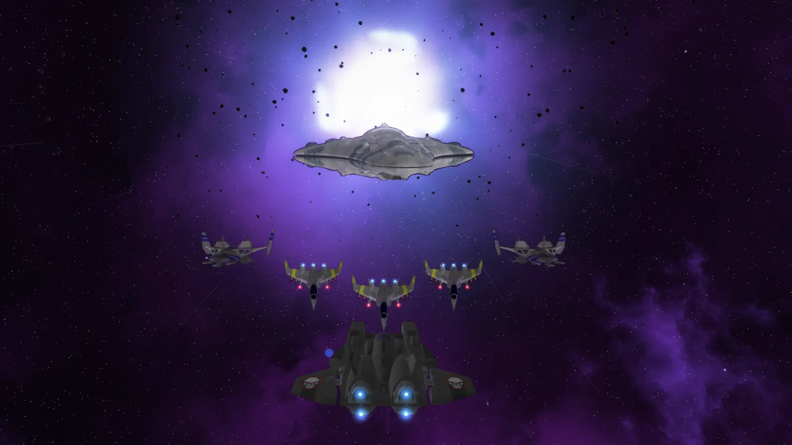 A lone Demon, seen from just above and behind, faces a Paradigm, two Broadswords and three Stilettos flying in an arrowhead out of a blazing star.