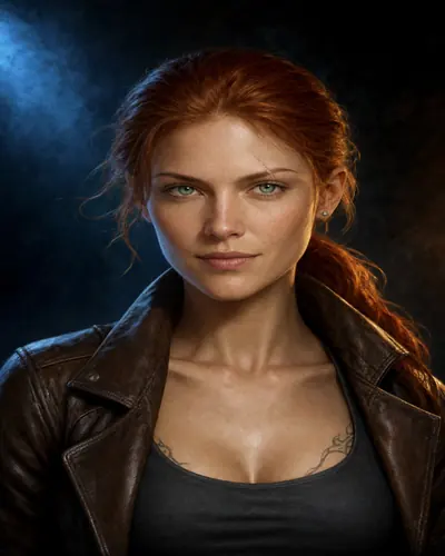 Portrait of Tayla, a red-haired pilot in a leather jacket.